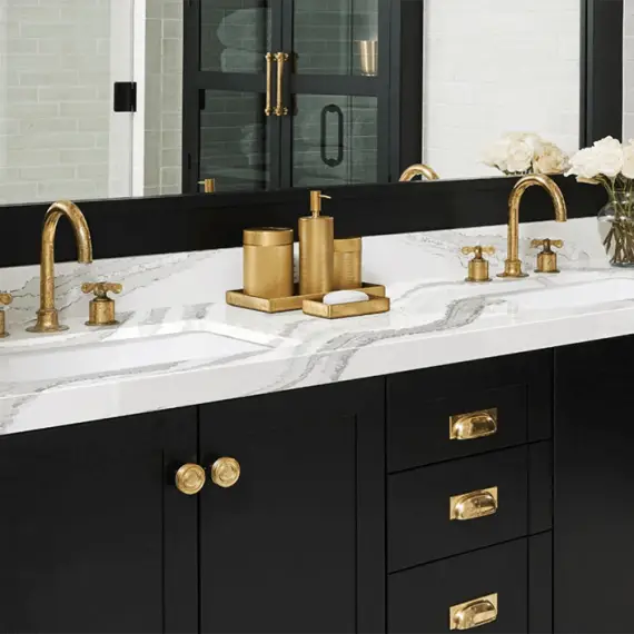Bathroom design features Brittanicca quartz countertops, bathroom countertop