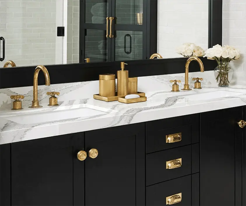 Bathroom design features Brittanicca quartz countertops, bathroom countertop