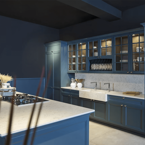 Silestone-Lyra-Kitchen-White-Countertops-Blue-Cabinets