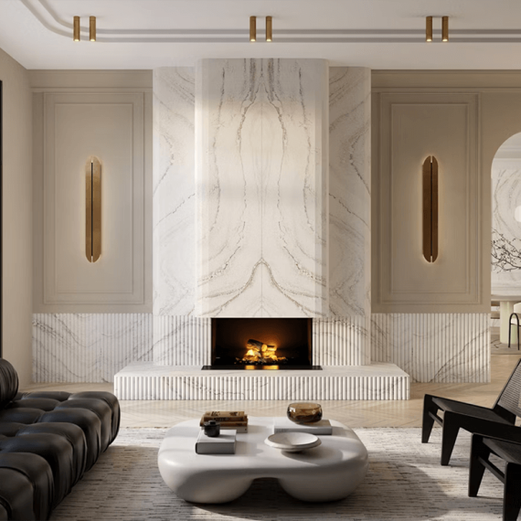 Sample Design of custom fireplace design with precise vein matching detail and fluting