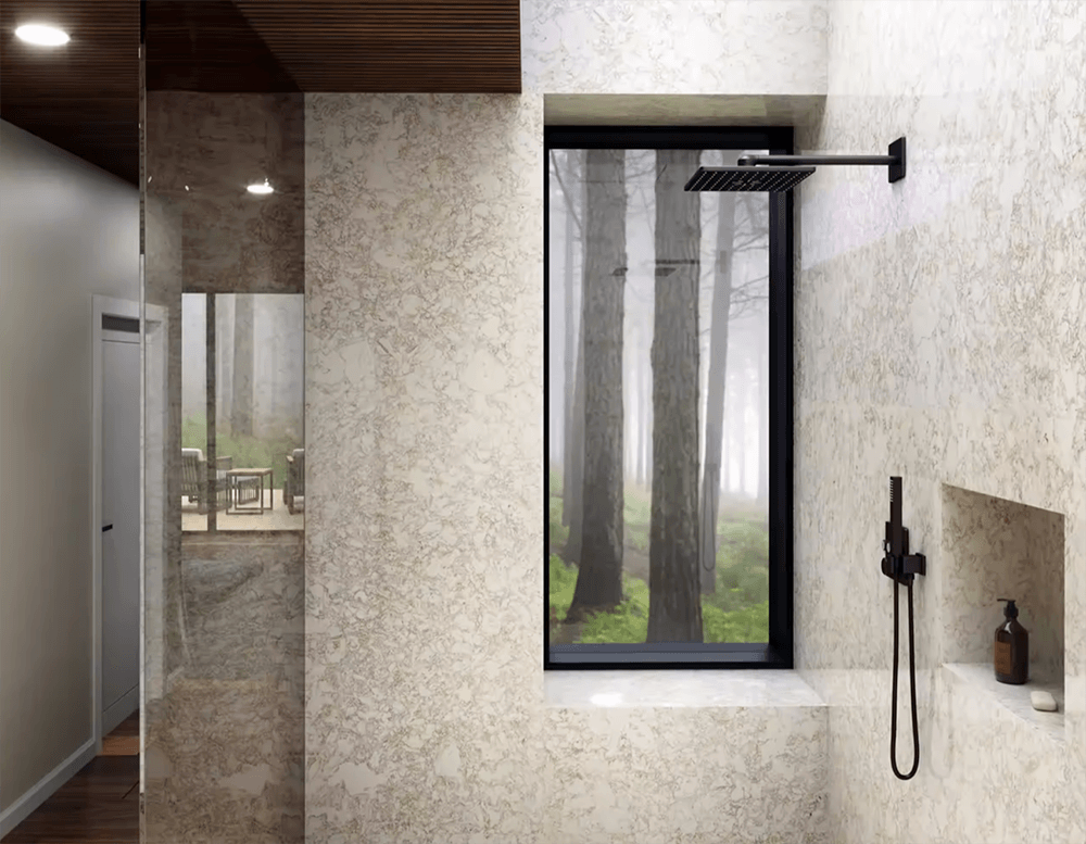 Custom shower stonework with detailed vein matching