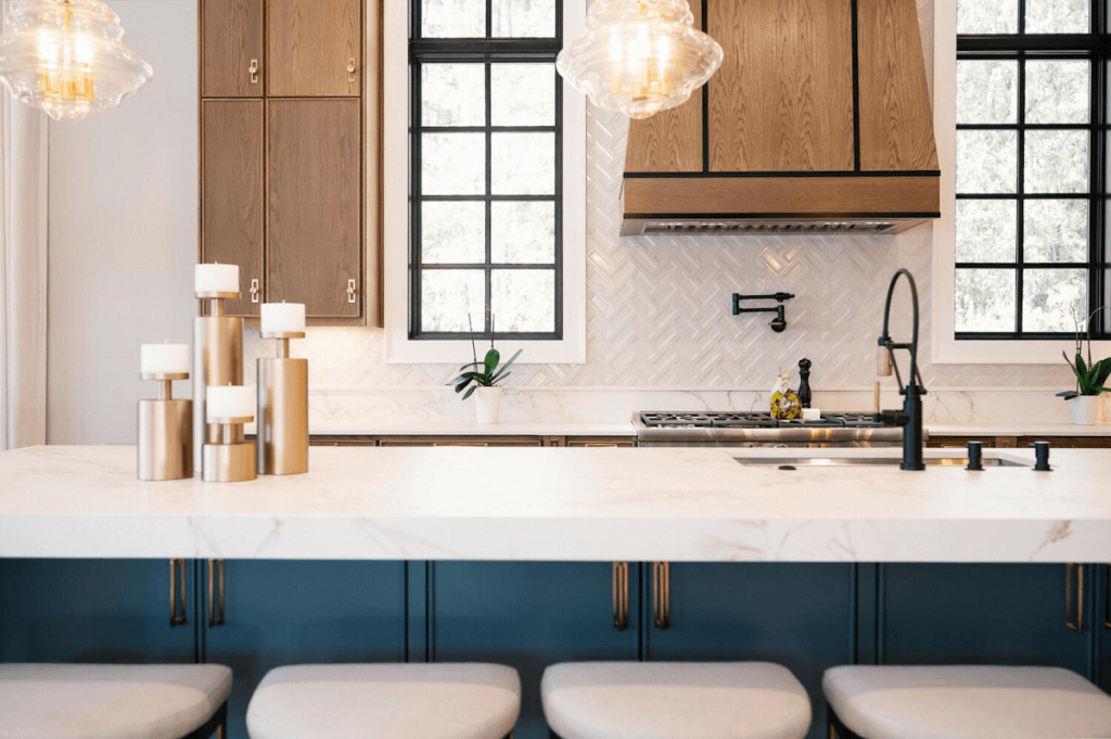 Close-up of a luxurious marble countertop showcasing intricate natural veining, adding a unique and elegant touch to any kitchen.