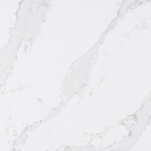 Elegant white quartz countertop with bold grey veins and unexpected golden accents, reminiscent of timeless Calacatta marble.