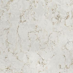 Sample of Lusso countertop from Silestone, featuring a predominantly white surface with subtle light grey accents and elegant veins of bronze and gold.