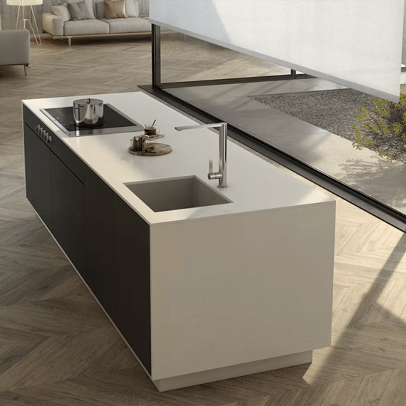 Miami Vena Silestone Nebula kitchen island countertop, showcasing dramatic white and grey veining with bold black accents for a modern kitchen.