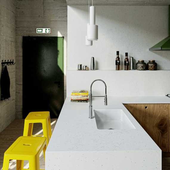 Silestone Lime Delight countertop detail in a modern European kitchen, showcasing vibrant lime quartz for a unique and stylish kitchen design.