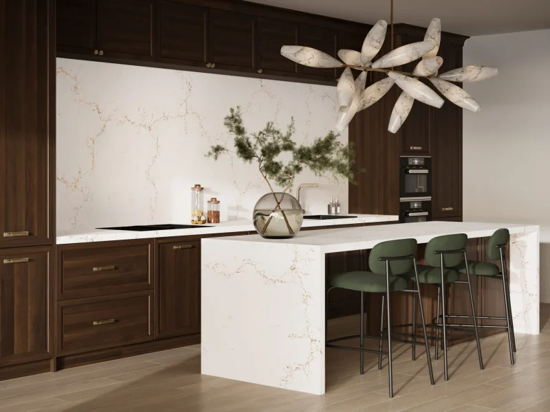 Mystere Gold - White Quartz with Gold Veining Matching Counter and backsplash