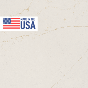 Sample image of Valor Gold™ quartz by Daltile highlighting golden veining over a soft white background, with a 'Made in USA' badge.