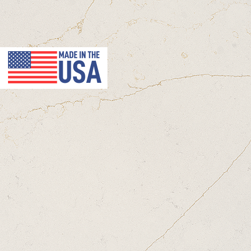 Sample image of Valor Gold™ quartz by Daltile highlighting golden veining over a soft white background, with a 'Made in USA' badge.