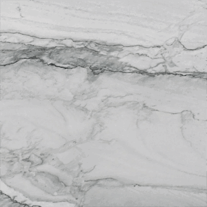 Sample of Statuario Quartzite slab, polished 3 cm finish, crisp white background with dramatic grey and charcoal veins.