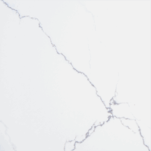 Sample of Calacatta Miraggio Quartz slab, polished finish, cool white background with elegant grey veining, Made in USA