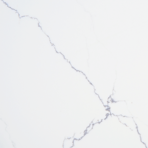 Sample of Calacatta Miraggio Quartz slab, polished finish, cool white background with elegant grey veining, Made in USA